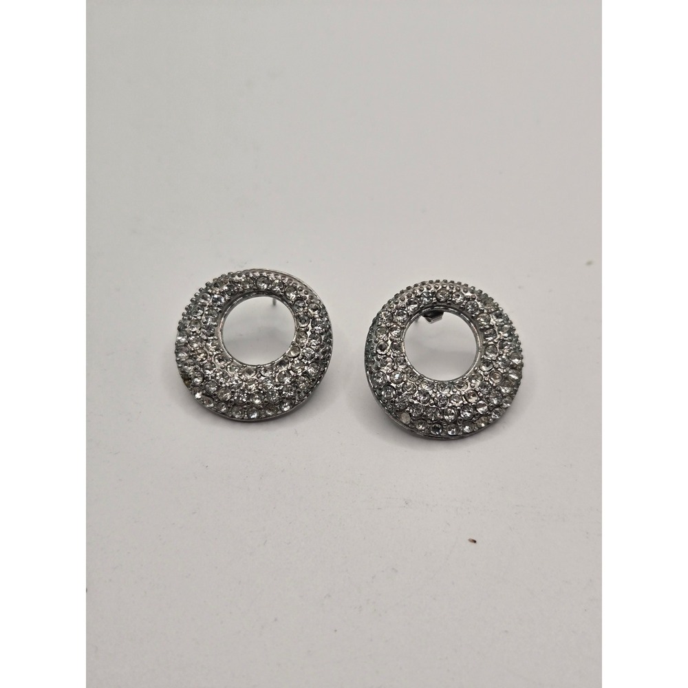 RMN Silver Tone Pave Rhinestone Open Circle Stud Earrings Vintage Style